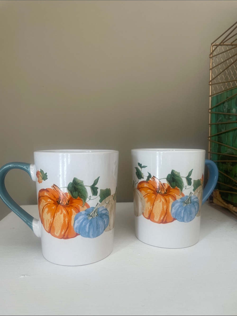 Blue Handle Pumpkin Print Ceramic Mugs - White and Orange set of 2 new